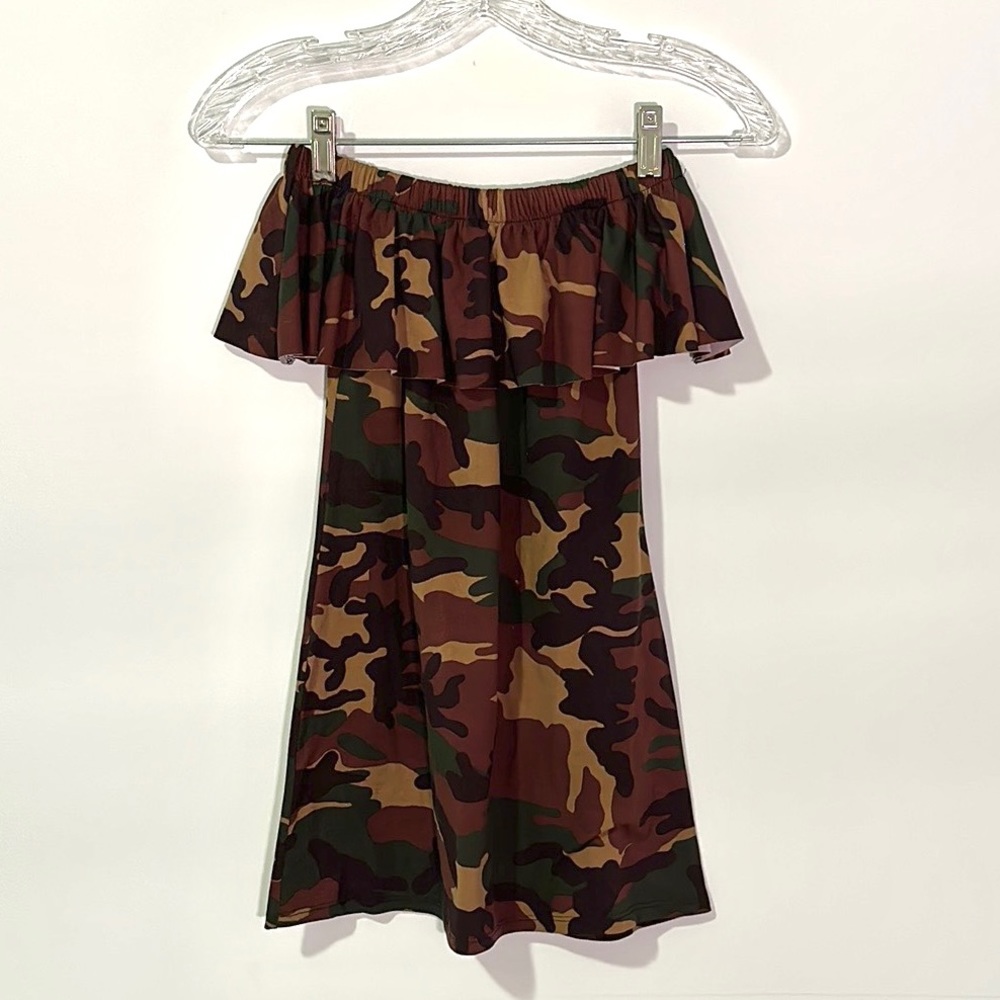 Girls camouflage cami ruffle lightweight strapless elastic  dress size 10 (L)